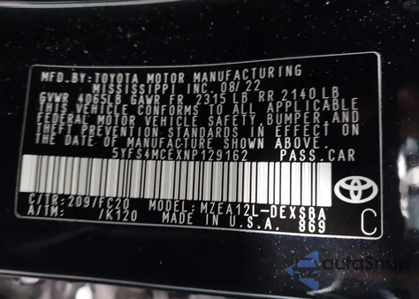 2022 Toyota Corolla Se из США, поврежденный, VIN 5YFS4MCEXNP129162